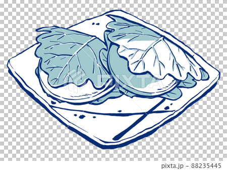 Kashiwamochi with red bean paste and Kashiwamochi with white miso paste lined up on a square plate, drawn with a brush and painted in two colors 88235445