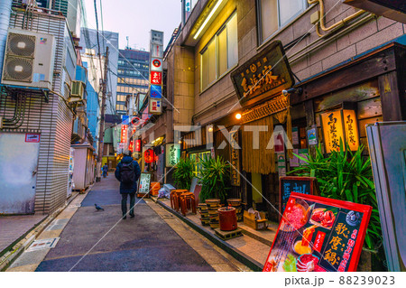 日本の東京都市景観 解除2日目(まん延防止)の新橋・飲み屋街(奥に烏森神社)=3月23日 日本の東京都市景観 解除2日目(まん延防止)の新橋・飲み屋街(奥に烏森神社)=3月23日 88239023