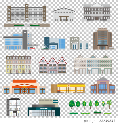 Vector illustrations of various buildings. Exterior of the building. 88239831