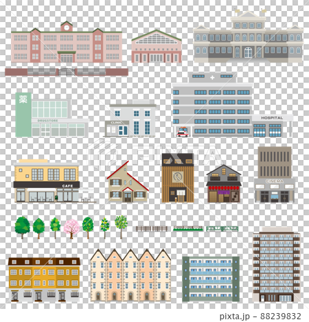 Vector illustrations of various buildings. Exterior of the building. 88239832
