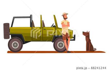 Off road car, man in safari outfit and dog cartoon vector illustration 88241244