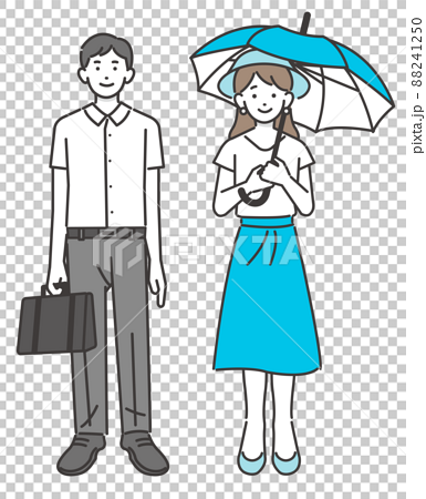 日傘をさして熱中症対策をするビジネスウーマンクールビズをするサラリーマンと熱中症対策アイコンのベクタ 88241250