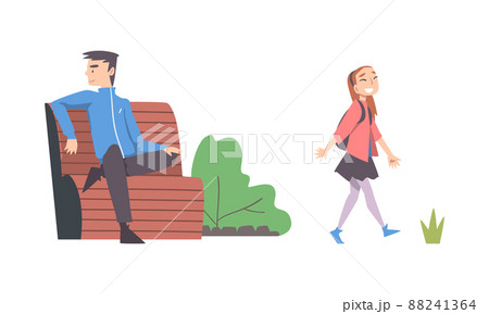 People walking in park set. Elderly man sitting on bench in park, cute girl walking with backpack cartoon vector illustration 88241364