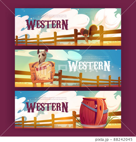 Western cartoon banners, wild west background set 88242045
