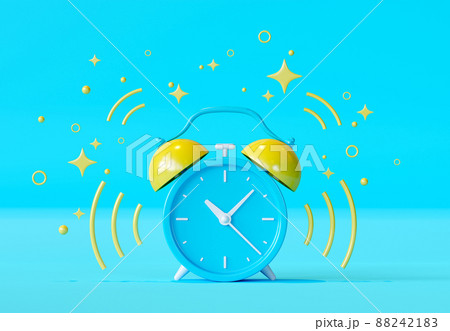 Blue vintage ringing alarm clock with bright yellow lightings 88242183