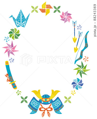 5月 こどもの日 兜のイラスト縦長丸フレームのイラスト素材