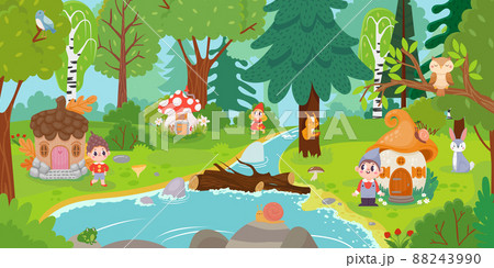 Cartoon elves and gnomes in magic forest Cartoon elves and gnomes in magic forest 88243990