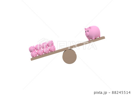 3D. piggy bank on wood seesaw unbalancing. Saveing concept 88245514