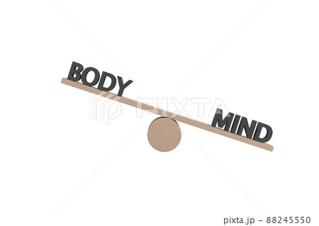 3D. words body and mind on wooden seesaw unbalancing on white background 88245550