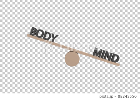 3D. words body and mind on wooden seesaw unbalancing on white background 88245550
