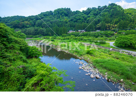わたらせ渓谷　 渡良瀬川　水沼駅付近　黒保根大橋から下流の眺め　初夏の風景　　　 88246070