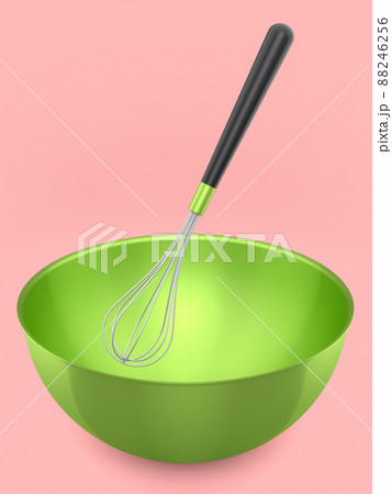 Metal bowl with whisk for preparation of dough isolated on pink background. 88246256