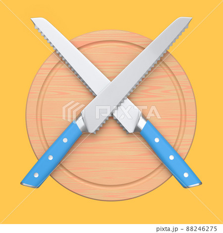 Chef's kitchen knives on a wooden board isolated on orange background. 88246275