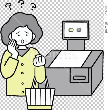 Illustration of a senior woman who does not know how to use self-registration Illustration of a senior woman who does not know how to use self-registration 88247012