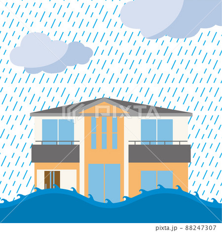 一戸建て 住宅住居 家の洪水 豪雨水害のイラスト 損害保険自然災害イメージのイラスト素材