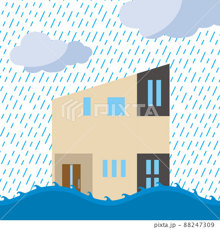 一戸建て　住宅住居、家の洪水、豪雨水害のイラスト　損害保険自然災害イメージ 88247309
