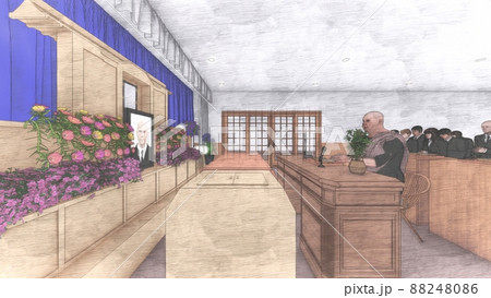 葬式 葬儀場 人あり 遺影写真あり CG イラスト 葬式 葬儀場 人あり 遺影写真あり CG イラスト 88248086