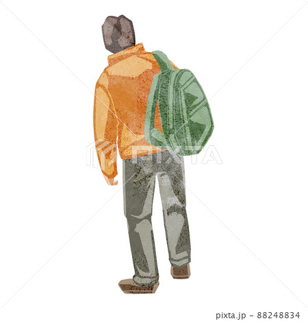 リュックサックを背負う男性の後ろ姿立ち絵イラスト手描き水彩風のイラスト素材 8484