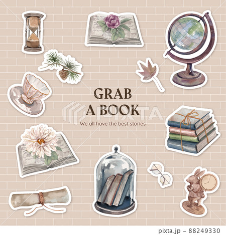 Sticker template with book letter vintage concept,watercolor style 88249330