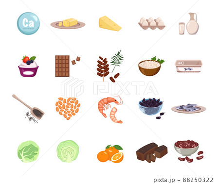 Source of calcium. A set of dairy products, nuts and dried fruits. Natural organic food high in minerals. Time for health and care. Vector flat illustration 88250322