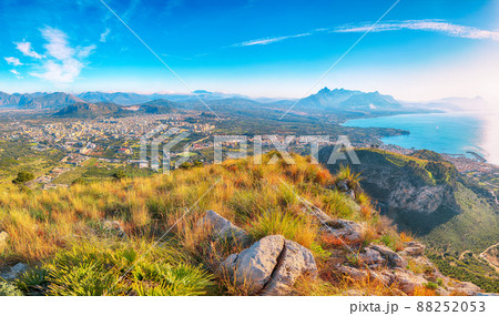 Astonishing morning view of Bagheria town and national park Orientata Pizzo Cane. Astonishing morning view of Bagheria town and national park Orientata Pizzo Cane. 88252053