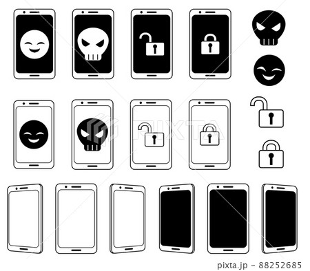 スマホ画面にドクロや鍵などの危険なイメージなどのアイコン素材セット 88252685