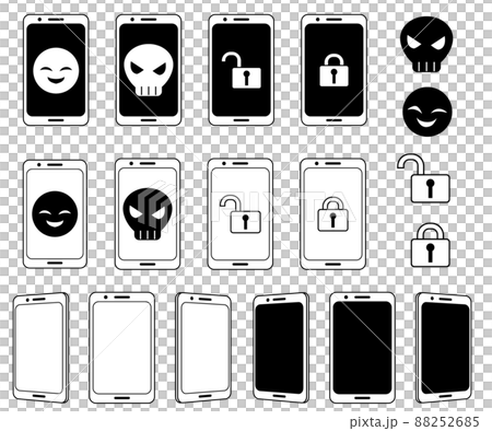 スマホ画面にドクロや鍵などの危険なイメージなどのアイコン素材セット 88252685