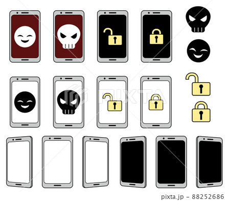 スマホ画面にドクロや鍵などの危険なイメージなどのアイコン素材セット 88252686