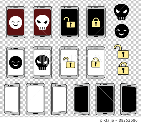 スマホ画面にドクロや鍵などの危険なイメージなどのアイコン素材セット 88252686