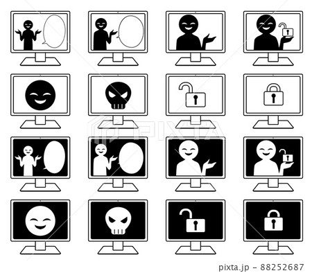 パソコンに黒い人影や解除された鍵などの詐欺などの危険なイメージの素材セット パソコンに黒い人影や解除された鍵などの詐欺などの危険なイメージの素材セット 88252687