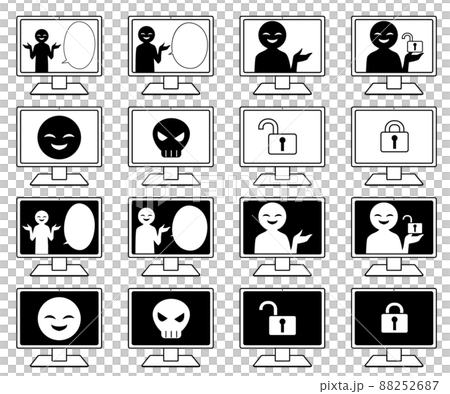 パソコンに黒い人影や解除された鍵などの詐欺などの危険なイメージの素材セット パソコンに黒い人影や解除された鍵などの詐欺などの危険なイメージの素材セット 88252687