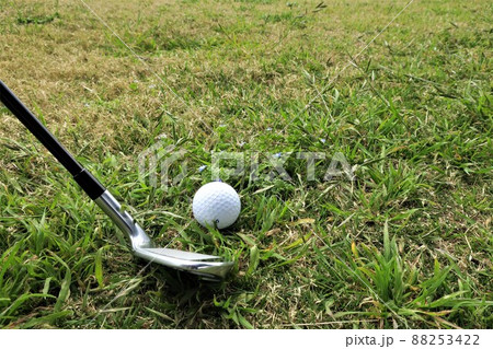 春のゴルフ場セミラフのボールとピッチングウェッジアプローチ 88253422