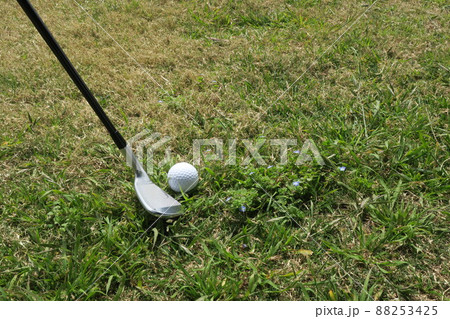 春のゴルフ場セミラフのボールとピッチングウェッジアプローチ 88253425