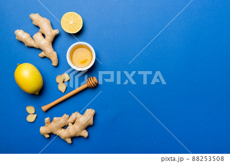 Natural cold and flu home remedies. Natural ingredients for immunity stimulation and viruses protection. top view flat lay 88253508