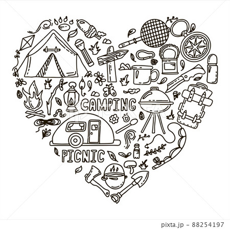 Big Doodle vector camping set. Sketch hiking Icons.Hand draw illustration for summer picnic in nature. Camping equipment 88254197
