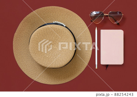 Female summer clothes and accessories flat lay. Hardcover textbook mockup. Female summer clothes and accessories flat lay. Hardcover textbook mockup. 88254243