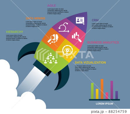 Infographic Business Intelligence icons vector illustration. 6 colored steps info template with editable text. 88254759