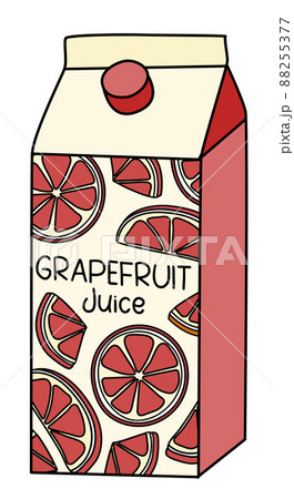 Doodle cartoon style red grapefruit in a box pack. Refreshing healthy natural drink, cocktail ingredient. For card, stickers, posters, bar menu or cook book recipe. 88255377