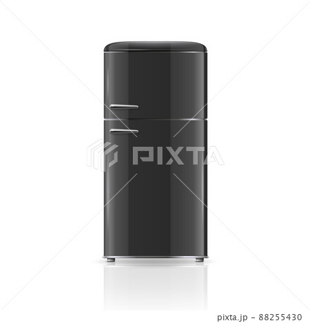 Vector 3d Realistic Black Retro Vintage Fridge Icon Isolated on White. Vertical Refrigerator. Closed Fridge. Design Template, Mockup of Fridge. Front View 88255430