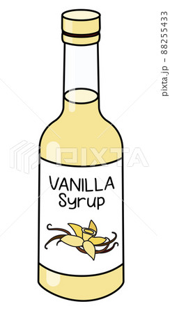 Doodle cartoon style vanilla syrup in a bottle. Sweet sugar cocktail ingredient. For card, stickers, posters, bar menu or cook book recipe. 88255433