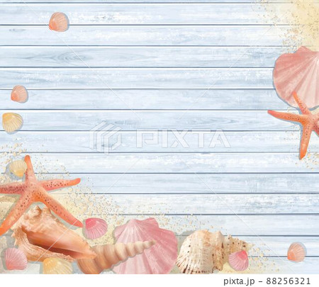 ぬくもりのある色調の木目の薄いブルーの板の上に海の砂とヒトデや貝殻のある夏イメージの壁紙や背景素材のイラスト素材