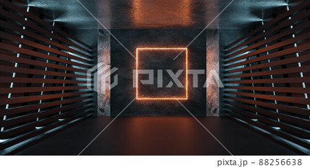 empty futuristic dark black metal basement with orange square light 3d render illustration 88256638