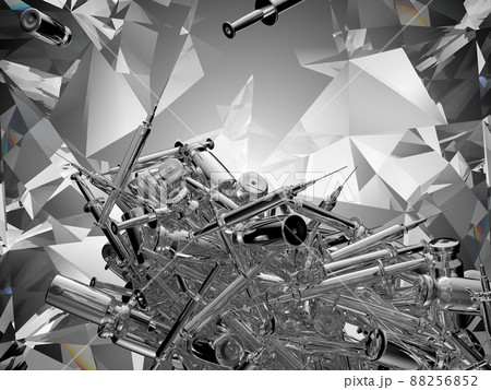 Syringes and medicine vials flow and scatter over kaleidoscope abstraction 88256852