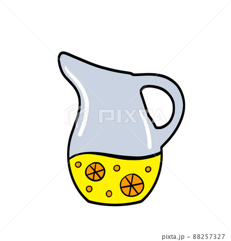 Lemonade in jug. Summer refreshing drink in glass jar. Yellow liquid with lemon. Outline cartoon illustration Lemonade in jug. Summer refreshing drink in glass jar. Yellow liquid with lemon. Outline cartoon illustration 88257327