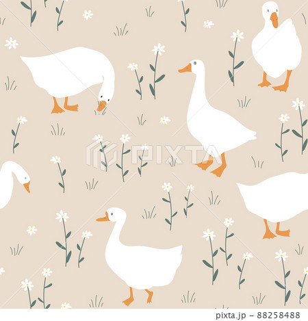 Cute seamless pattern with goose and doodle flowers. Geese in the grass. Vector illustration on white background. Cute seamless pattern with goose and doodle flowers. Geese in the grass. Vector illustration on white background. 88258488
