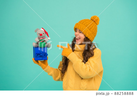 Successful shopping. rat symbol of year. happy girl hold 88258888