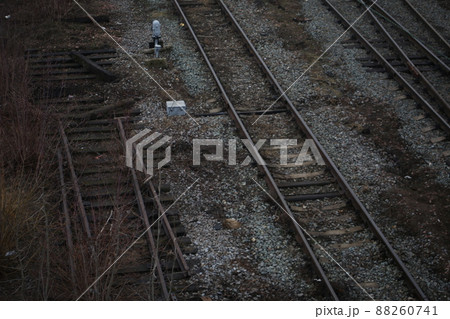 Abandoned railroad tracks. Steel rails overgrown with grass Abandoned railroad tracks. Steel rails overgrown with grass 88260741