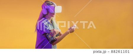 Metaverse virtual reality. woman and technology. futuristic cyberpunk feminism concept. hispanic Metaverse virtual reality. woman and technology. futuristic cyberpunk feminism concept. hispanic 88261101