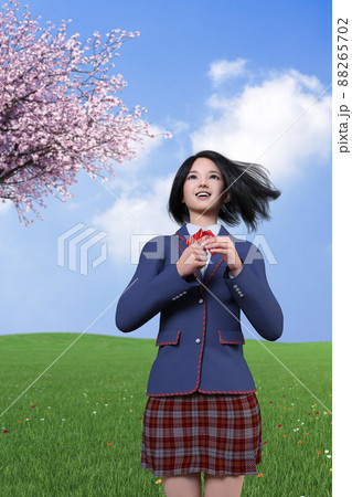 桜の木の下で遠くを見つめながら願い事をする女子高生。3Dイラスト 3Dレンダリング 88265702