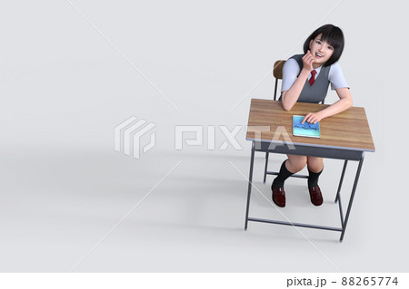 タブレット画面を机に置き椅子に座り頬杖をついて斜め上を見上げる赤いネクタイをしたグレーのベストを着た 88265774